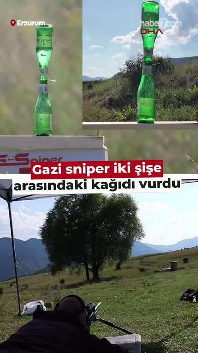 Gazi sniper iki şişe arasındaki kağıdı vurdu