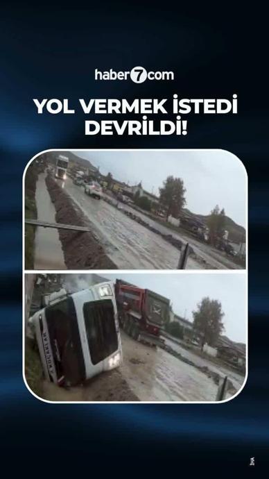 Yol vermek isterken kanala devrildi!